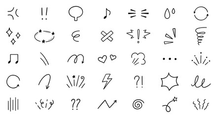 Expression sign, anime manga doodle set. Comic decorative brush stroke lines, design elements, emotion symbols, movement in sketch style. Hand drawn vector illustration isolated on white background