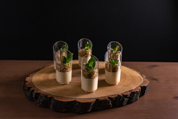 Gourmet Dessert Presentation on Rustic Wooden Platter