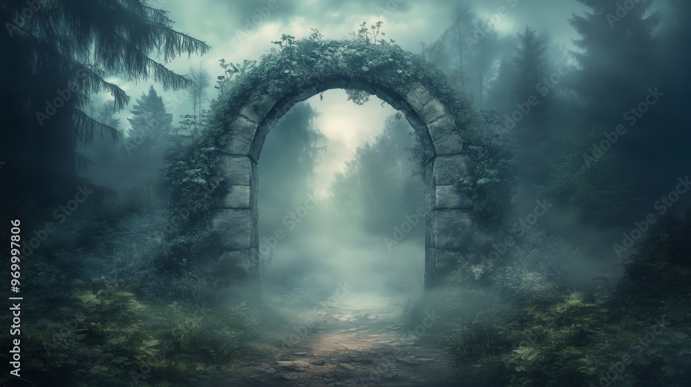 Aufkleber mysterious stone archway covered in vines amidst a foggy forest during twilight hours inviting explo
