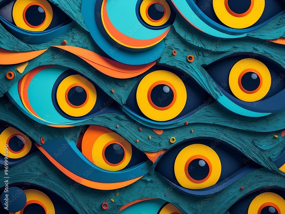 Aufkleber vivid abstract design with swirling yellow and blue concentric circles resembling eyeballs with a st