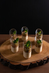 Gourmet Dessert Presentation on Rustic Wooden Platter