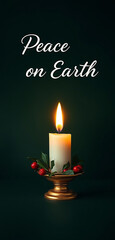 A lit candle in a golden holder with holly leaves and berries in dark with text Peace on Earth for Christmas 
