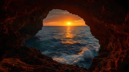 A dramatic ocean view from a cliffside cave with waves crashing below and the sun setting in the distance.