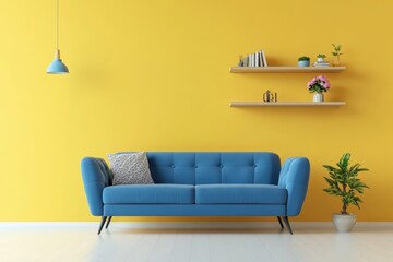Contemporary Home Decor. Modern Living Room Interior with Bright Yellow Wall and Blue Sofa