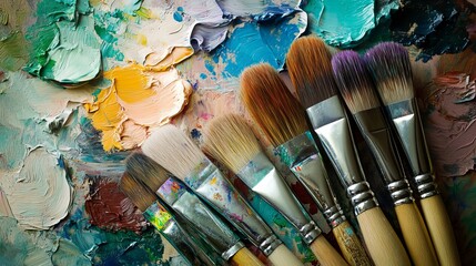 Fototapeta premium Assorted paint brushes resting on a palette, ready to create. The variety of brush sizes and shapes allows for diverse artistic expression