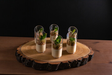 Gourmet Dessert Presentation on Rustic Wooden Platter