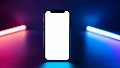 Smartphone with blank white screen, dark blurred backdrop with neon lights. Mobile display mock up