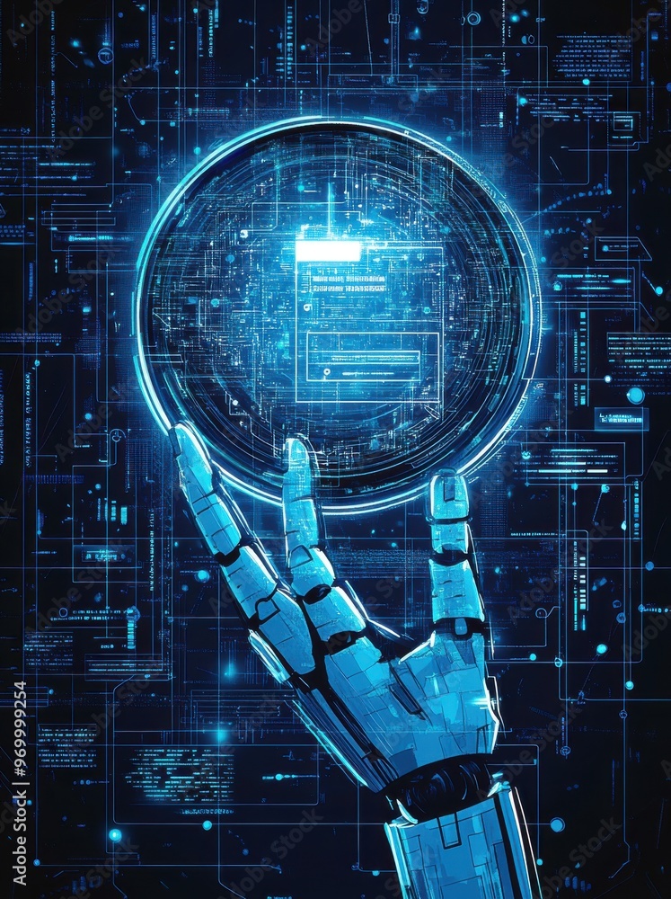 Poster futuristic ai robot hand holding a digital sphere with a glowing blue interface background in a tech