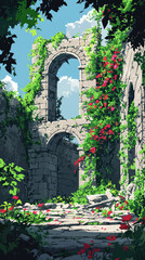 Fototapeta premium Ancient ruin covered in vines and flowers, showcasing natures beauty
