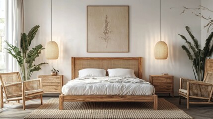 Cozy modern bedroom with woven furniture, warm lighting, and natural decor in a serene setting