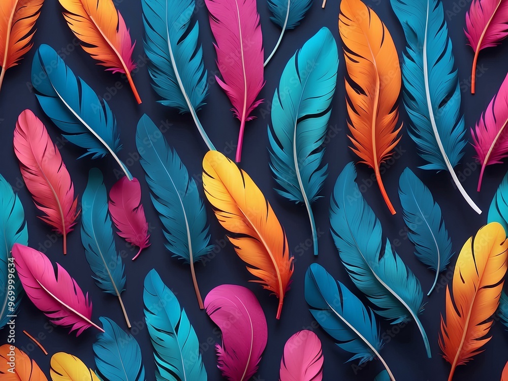Poster dynamic composition of abstract feathers in vivid blue and orange hues with a bold and artistic patt