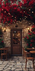 Charming outdoor cafe adorned with vibrant flowers and warm lights during the evening hours