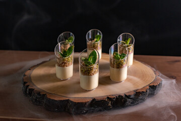 Gourmet Dessert Presentation on Rustic Wooden Platter