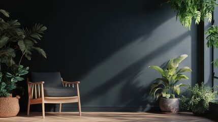 Modern Living Room Interior with Chair and Plants, Minimalistic Design on Black Wall
