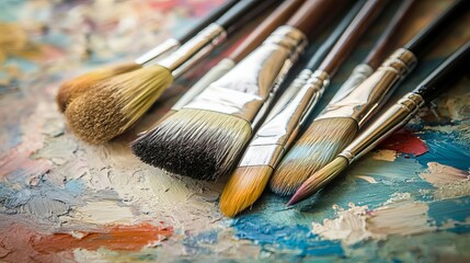 Fototapeta premium Assorted paint brushes resting on a palette, ready to create. The variety of brush sizes and shapes allows for diverse artistic expression