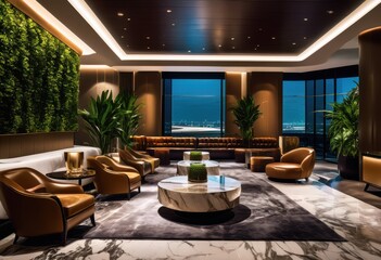 elegant sophisticated luxury airport lounge featuring stylish contemporary design elements comfortable seating arrangements, relaxation, area, decor, lighting