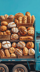 A vibrant depiction of bread truck filled with various types of bread, showcasing freshness and abundance