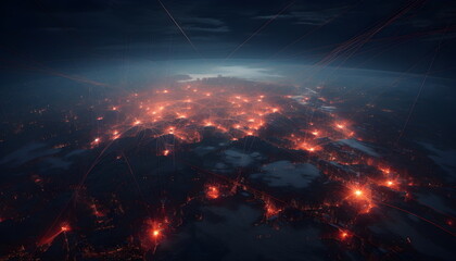 Globale Vernetzung und Datenstr&ouml;me bei Nacht aus dem Weltraum - Ai-Ki generiert