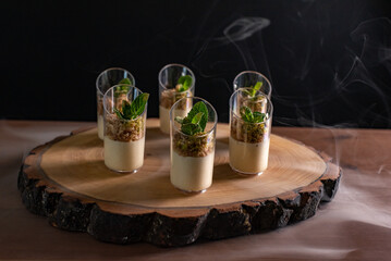 Gourmet Dessert Presentation on Rustic Wooden Platter