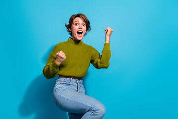 Photo of cheerful positive glad girl wear stylish clothes celebrate achievement yeah hooray...