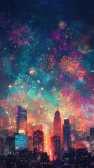 Naklejka premium A vibrant depiction of city skyline with fireworks lighting up night sky, creating festive atmosphere