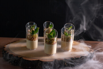 Gourmet Dessert Presentation on Rustic Wooden Platter