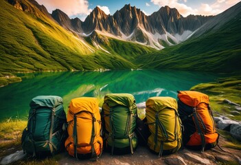 stunning travel equipment set breathtaking views landscapes scenic vistas, adventure, backpack, camping, camera, excursion, exploration, forest, gear