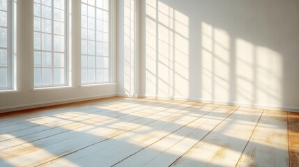 Obraz premium Sunlight streaming through windows onto a wooden floor in a room with white walls