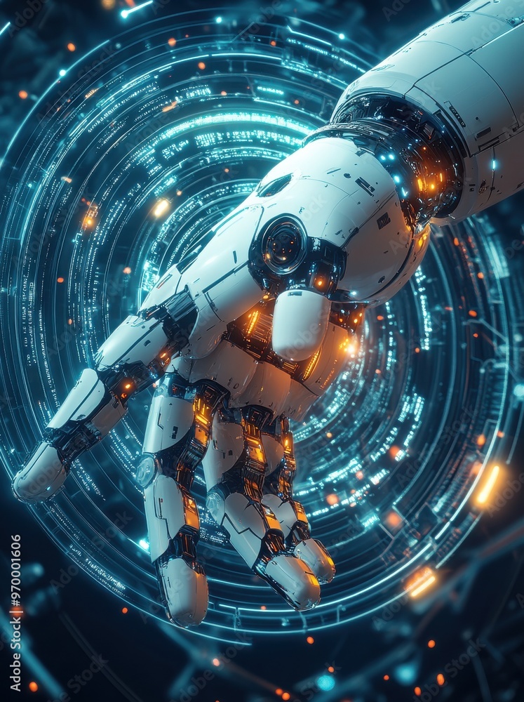 Poster futuristic digital art poster featuring a robotic hand in a glowing high-tech environment with a foc