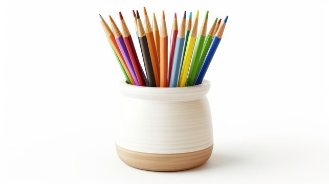 A ceramic vase with a white and brown glaze holds a variety of colored pencils on a white background.