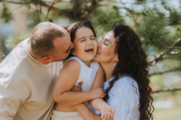 happy family is relaxing in the city park