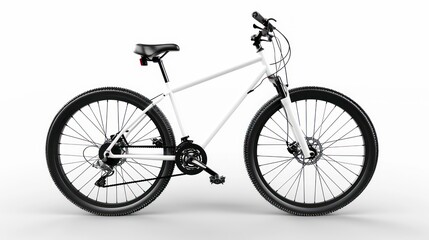 Fototapeta premium A white mountain bike with black tires and a black seat isolated on a white background.