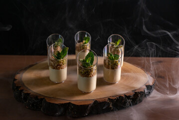 Gourmet Dessert Presentation on Rustic Wooden Platter