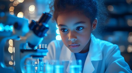 Young scientist looking through microscope in lab, science research, education and future concept