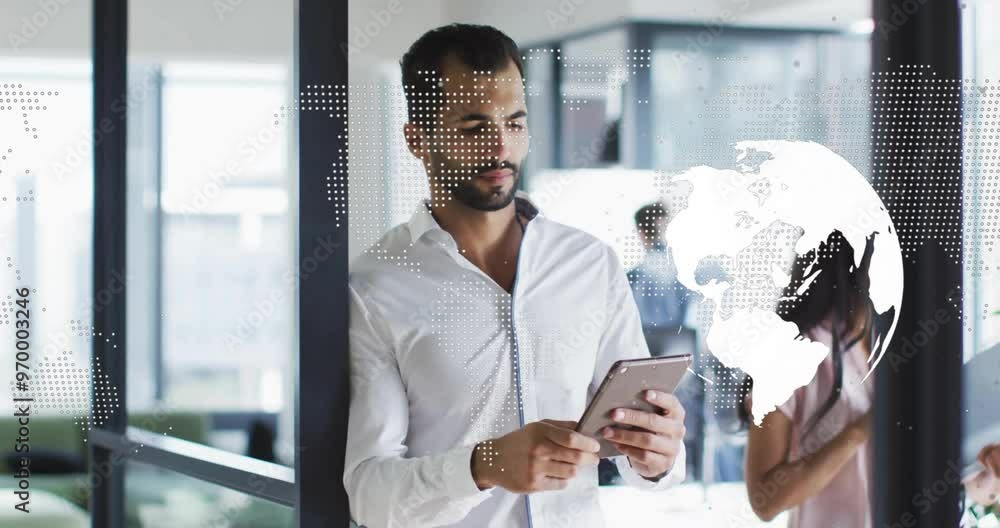 Poster animation of globe with data processing over biracial businessman using tablet in office