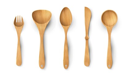 Five wooden utensils, including a fork, two spoons, and two spatulas, are isolated on a white background.