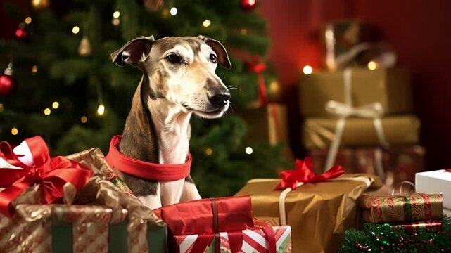 Brindle and white whippet dog is wearing a red collar, sitting by a decorated christmas tree and looking curious at many wrapped gift boxes