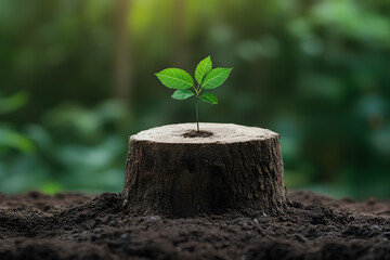 Young Tree Emerging from Old Tree Stump, Symbol of Renewal and Nature's Resilience