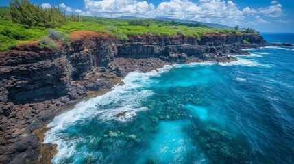 Fototapeta premium A beautiful drone view of a rugged coastline with crystal-clear blue water, lush green vegetation, and rocky cliffs, showcasing the natural beauty of the shoreline