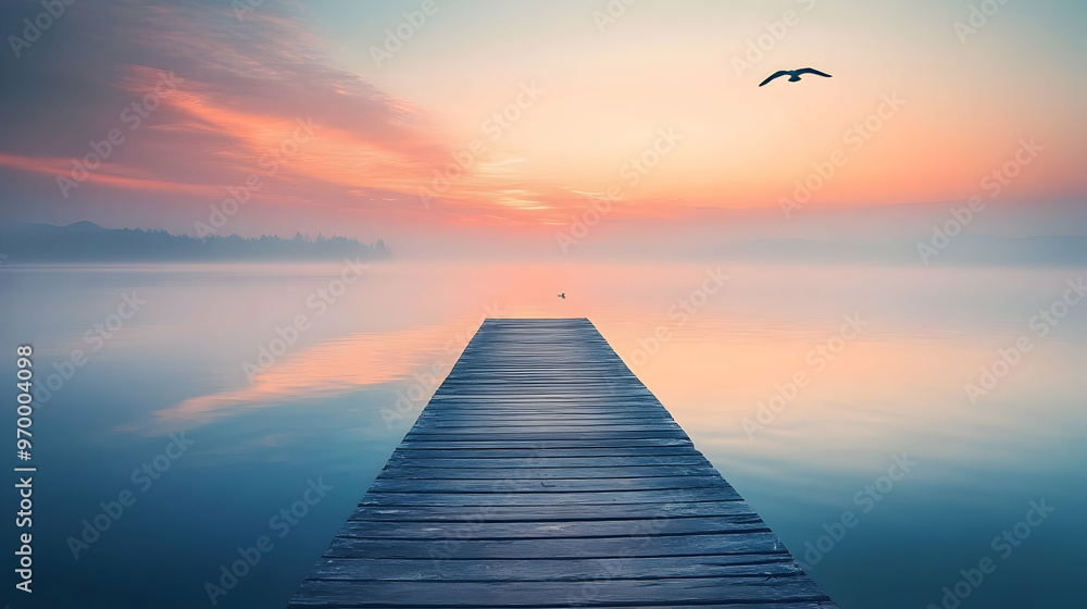 Wall mural Wooden pier leading into a misty lake at sunrise with a seagull flying overhead.