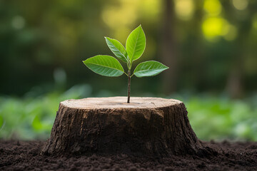 Young Tree Emerging from Old Tree Stump, Symbol of Renewal and Nature's Resilience