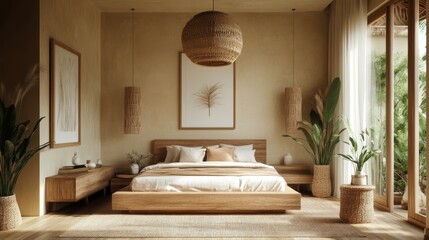 Elegant and cozy modern bedroom design featuring natural elements and soft color palette