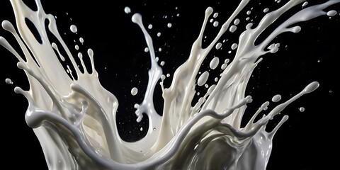 illustration of milk splash on black background, splashes of white paint, white liquid splash isolated on black background