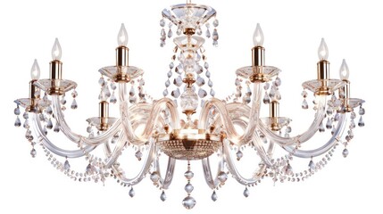 Elegant crystal chandelier with gold accents and 8 light bulbs hanging from a white background.