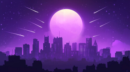 Naklejka premium Monochrome purple silhouette city landscape with big moon and shooting stars. Dream cityscape 4k loop animation video on cartoon or anime style. anime illustrations 
