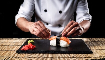 Chief preparing sushi on wooden table with black background