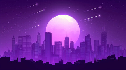 Fototapeta premium Monochrome purple silhouette city landscape with big moon and shooting stars. Dream cityscape 4k loop animation video on cartoon or anime style. anime illustrations 