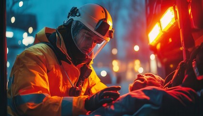 Fototapeta premium Paramedic in a highvisibility jacket, gloves, and helmet, attending to a patient in an ambulance, bright emergency lights in the background