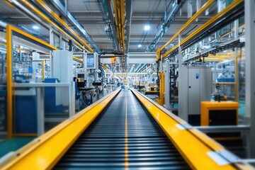 Obraz premium A modern industrial factory with an automated conveyor system showcasing advanced technology and efficiency in production.