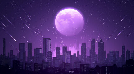 Naklejka premium Monochrome purple silhouette city landscape with big moon and shooting stars. Dream cityscape 4k loop animation video on cartoon or anime style. anime illustrations 